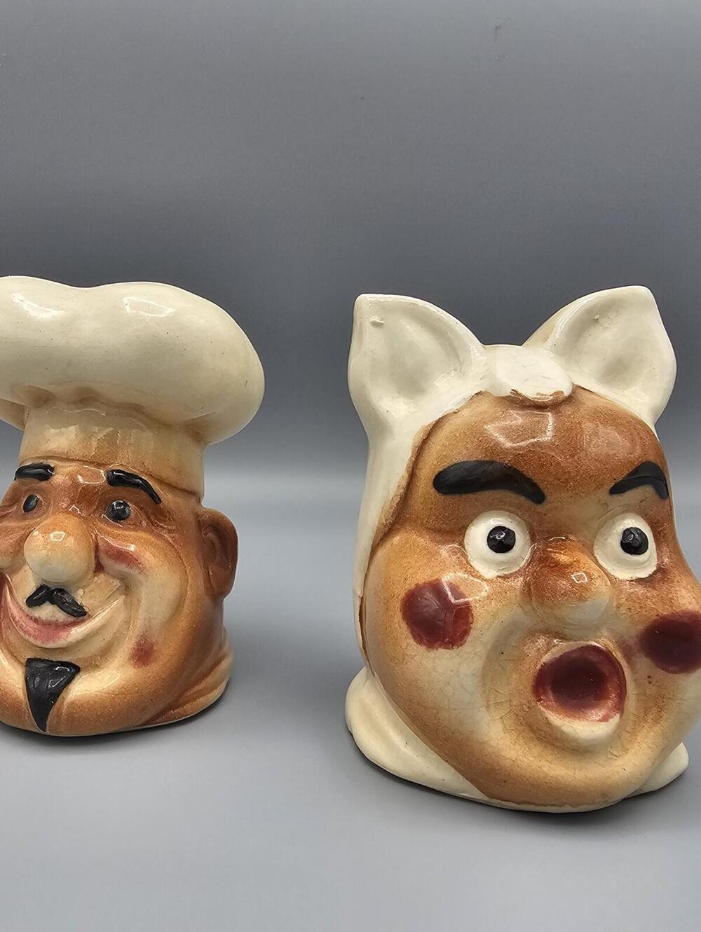 Vintage Japan Ceramic Chef Face Salt and Pepper Shaker Set of 2